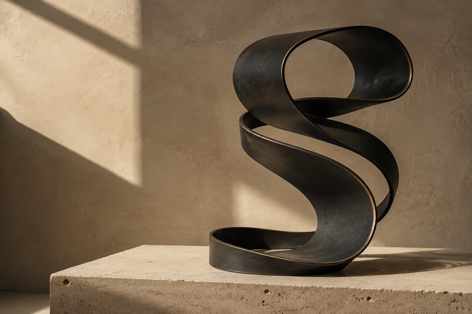 An architectural ribbon of blackened bronze, folded into an S on a limestone plinth.
